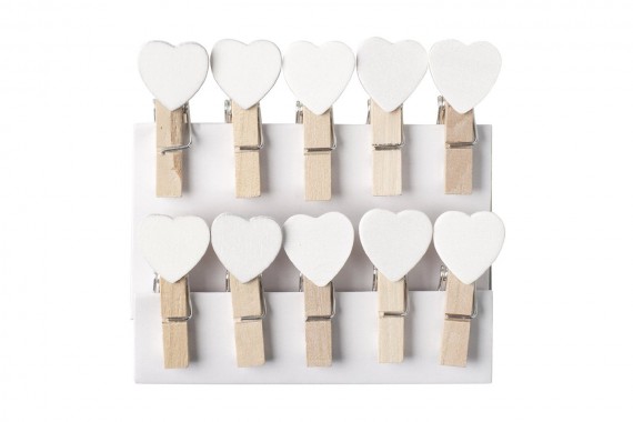 Mini Wooden White Heart Pegs (Pack of 10)