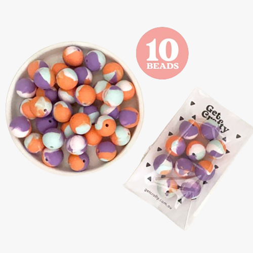 10 Tie Dye Purple & Orange Round Silicone Beads 15mm