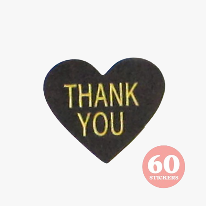 Black Heart Thank You Stickers - 60 Stickers