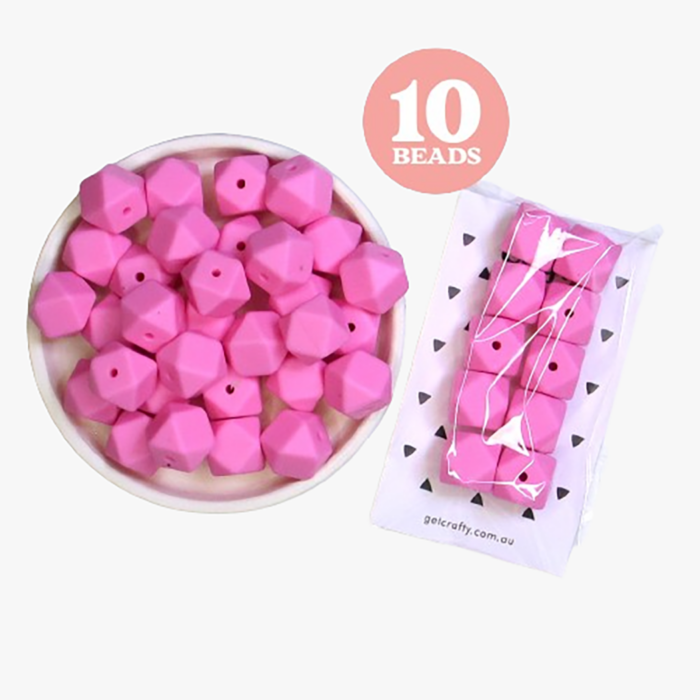 Bright Pink Hexagon Silicone Beads 10 x 15mm Round