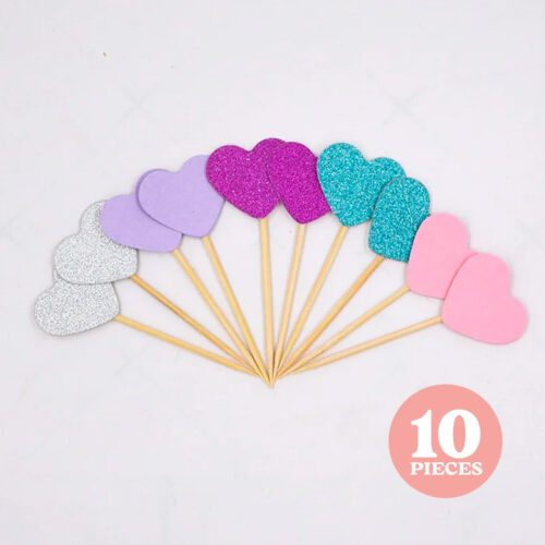 Glitter Heart Cupcake Toppers - 10 Pieces